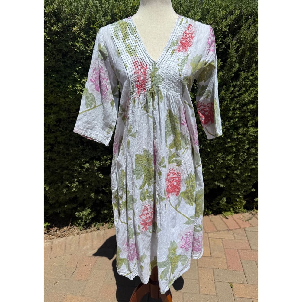Louise Mitchell Australia Floral Crinkle Cotton Nightgown Dress Pin Tuck Small